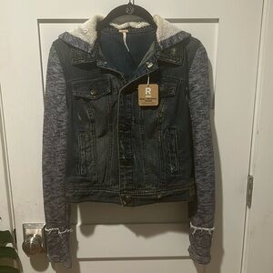 Free People Distressed Denim Knit Hooded Jacket sz XS